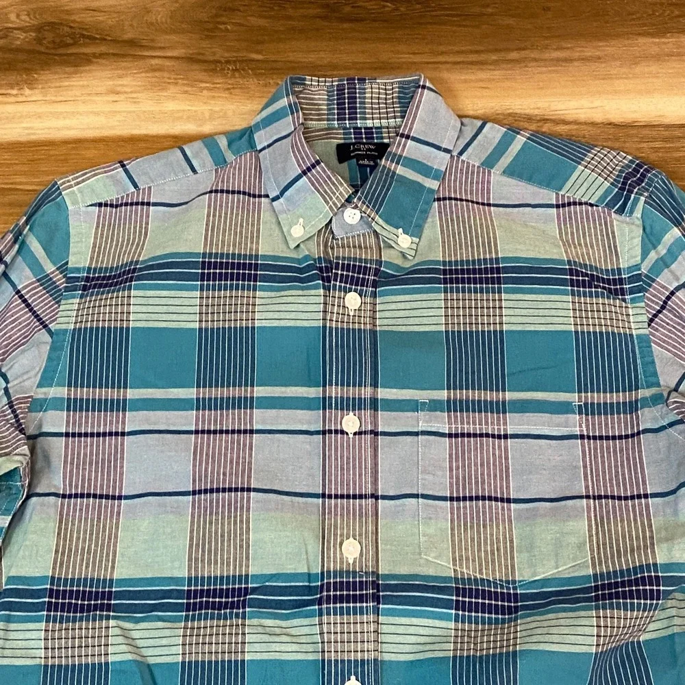 J Crew Summer Plaid Button Down Shirt Mens Small Blue‎ Teal Cotton